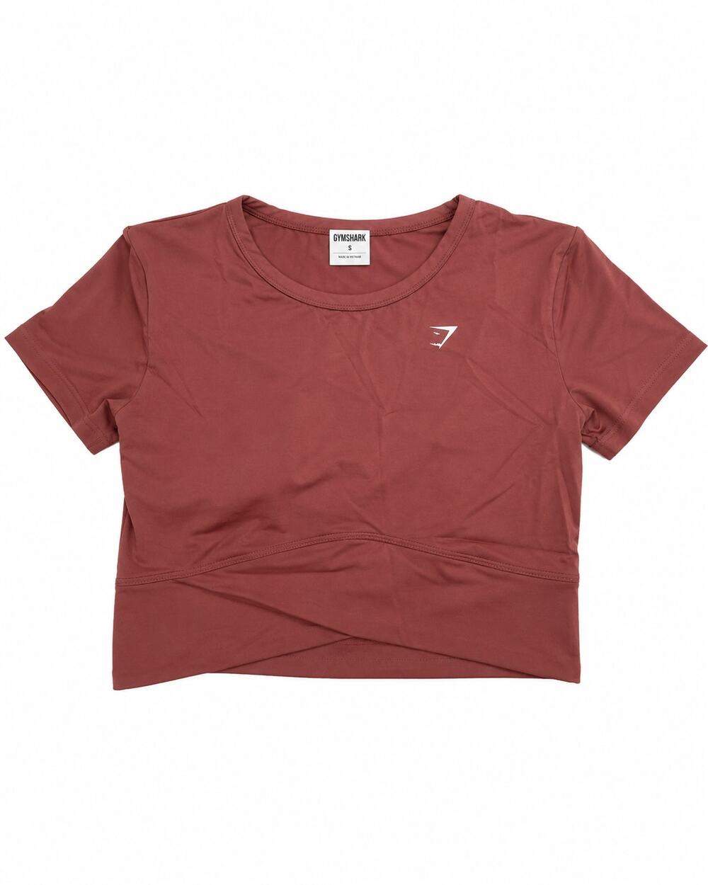 Gymshark Crossover Midi Short Sleeve Crop Top with In Shelf Bra Brown Small S